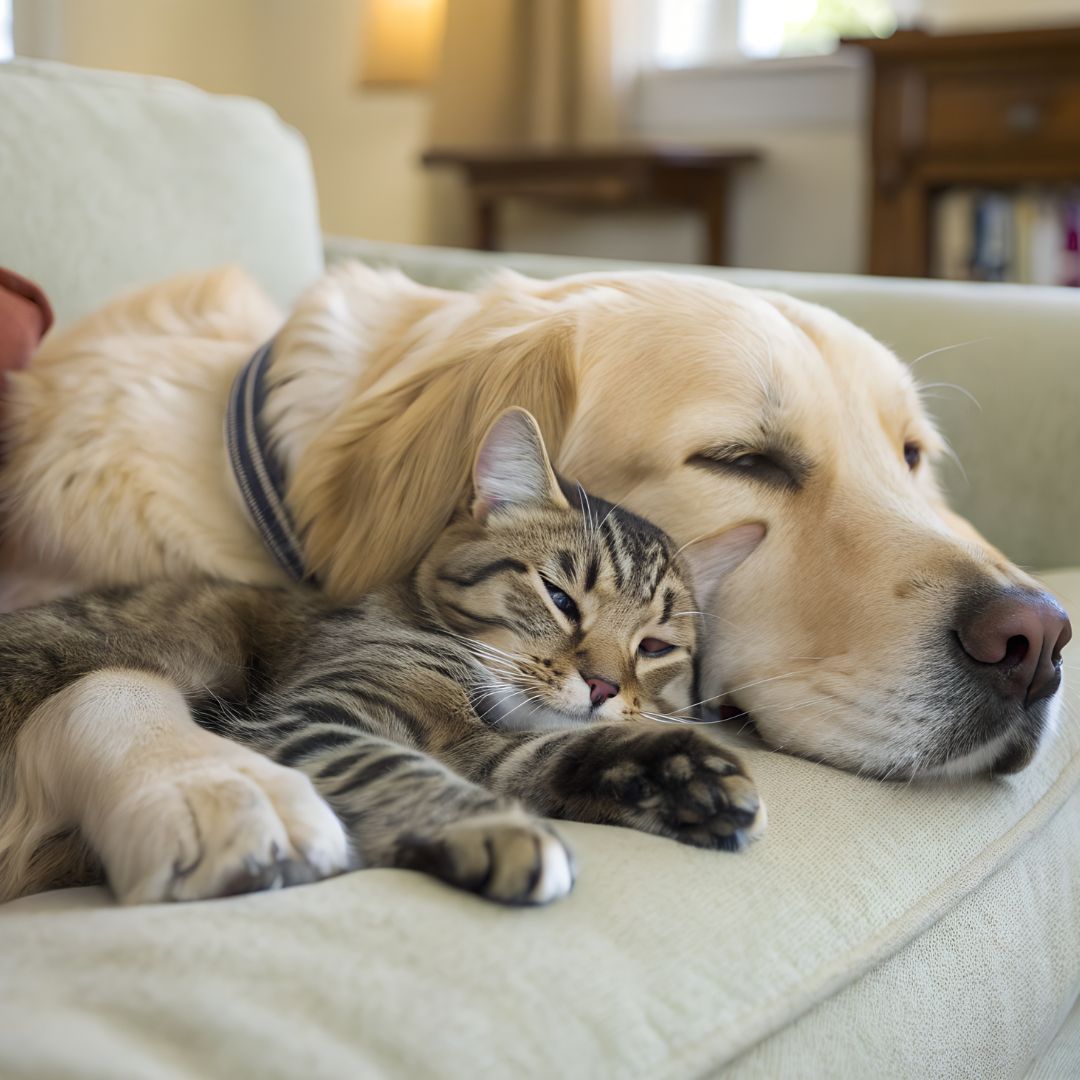 Dog and cat lying on the sofa